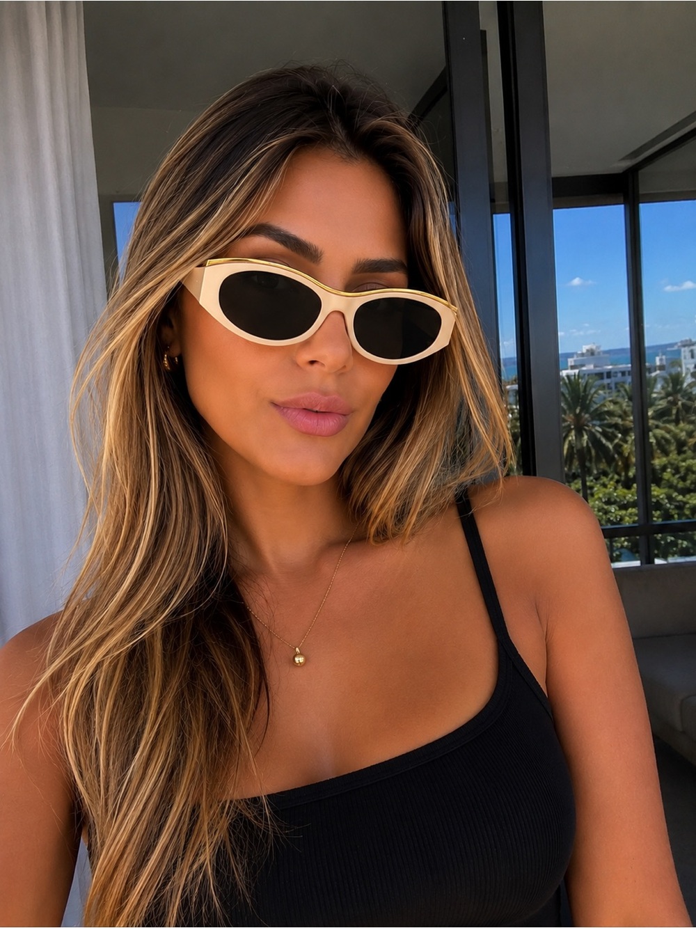 Cream Cat-Eye Sunglasses with Black Lenses